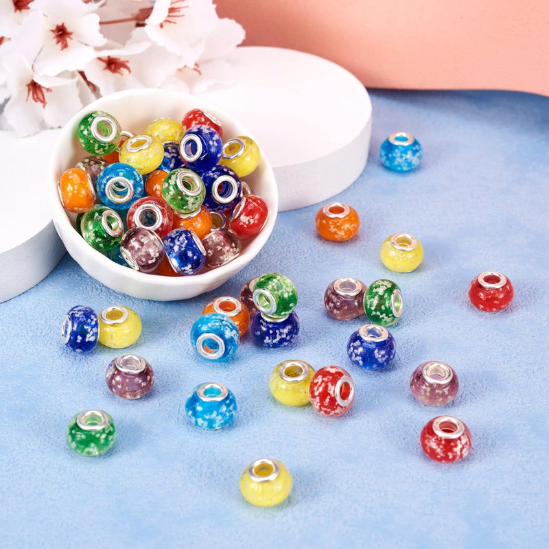 BB Beadthoven Beadthoven 100pcs Glow in The Dark Beads Handmade Luminous Lampwork Style Large Hole European Beads with Silver Tone Brass Cores Mixed Color Rondelle Glass Beads 14x9-10mm Hole: 5mm - Image 4